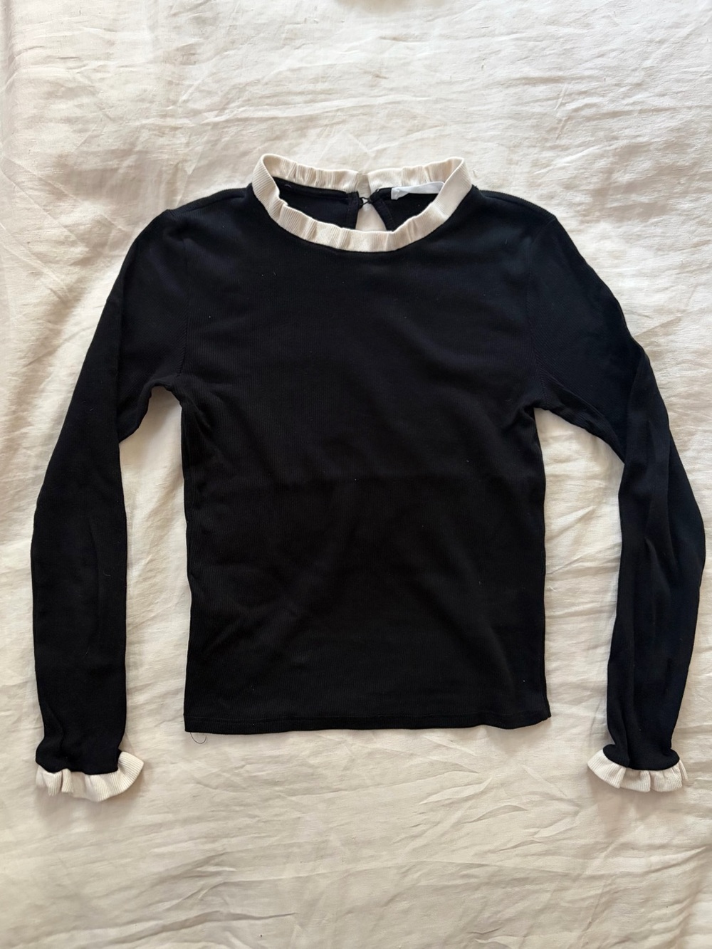 Mango Black Top with Cream Ruffle Contrast Long Sleeve